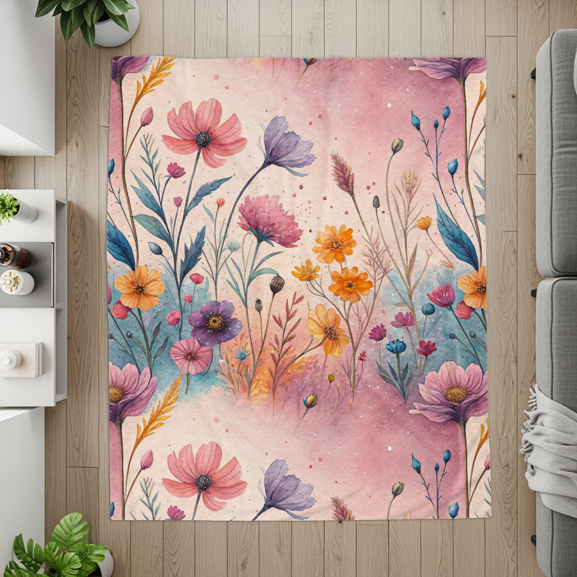 Watercolor Floral Garden On Pale Pink Design Velveteen Plush Blankets - Walk Greener