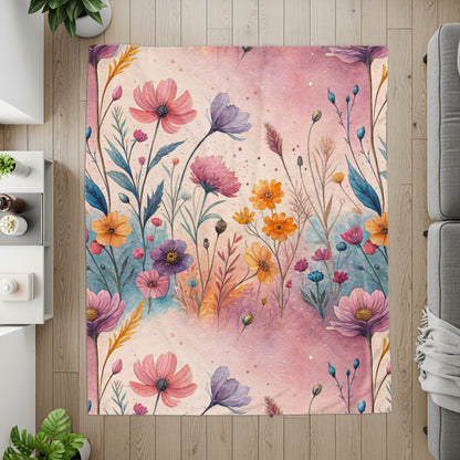 Watercolor Floral Garden On Pale Pink Design Velveteen Plush Blankets - Walk Greener