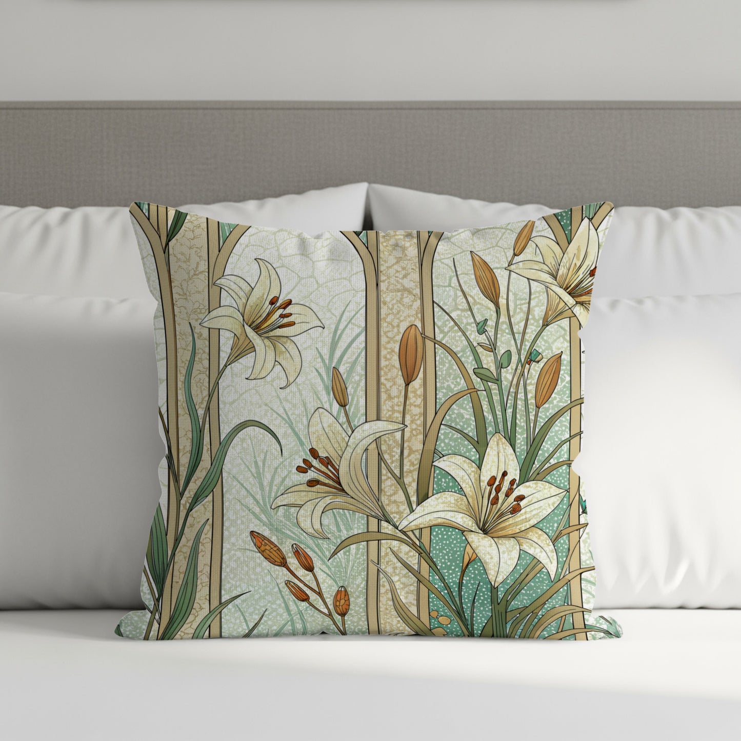 Floral Beauty Lilies Within Arches on Light Green Throw Pillows - Walk Greener
