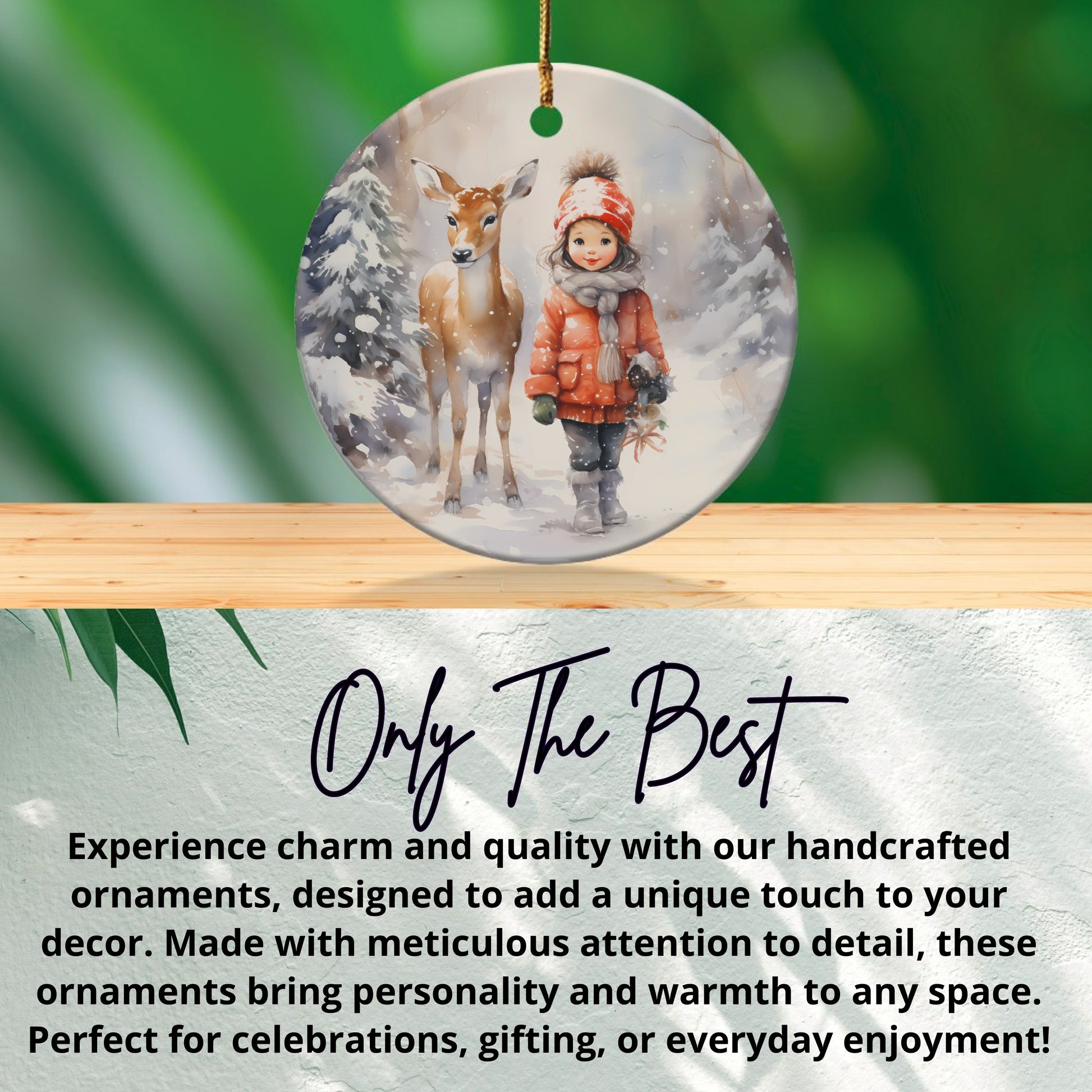 Winter Scene Girl and Deer Ceramic Ornament product type