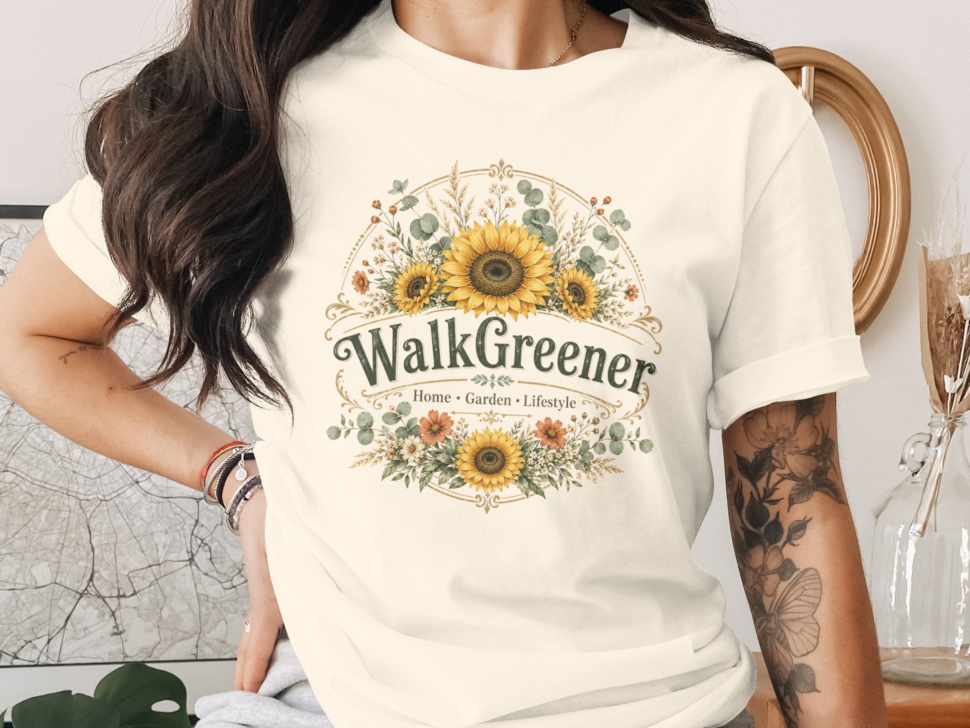 Cream t-shirt with "WalkGreener Home Garden Lifestyle" logo and floral design.