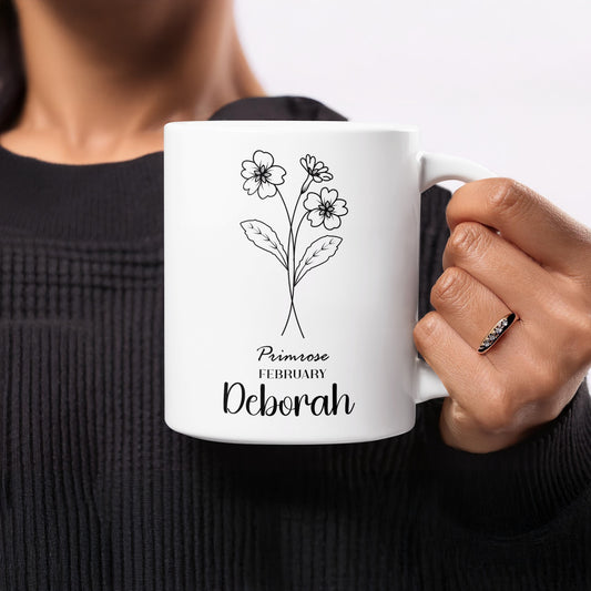 Personalized February Primrose Mug with Name Deborah