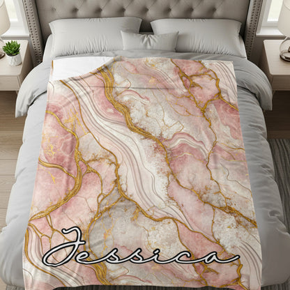 Pink Gold Marble Effect Custom Name Blanket Personalized - Walk Greener