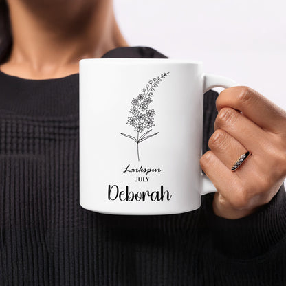 Personalized Larkspur July Floral Mug with Name Deborah