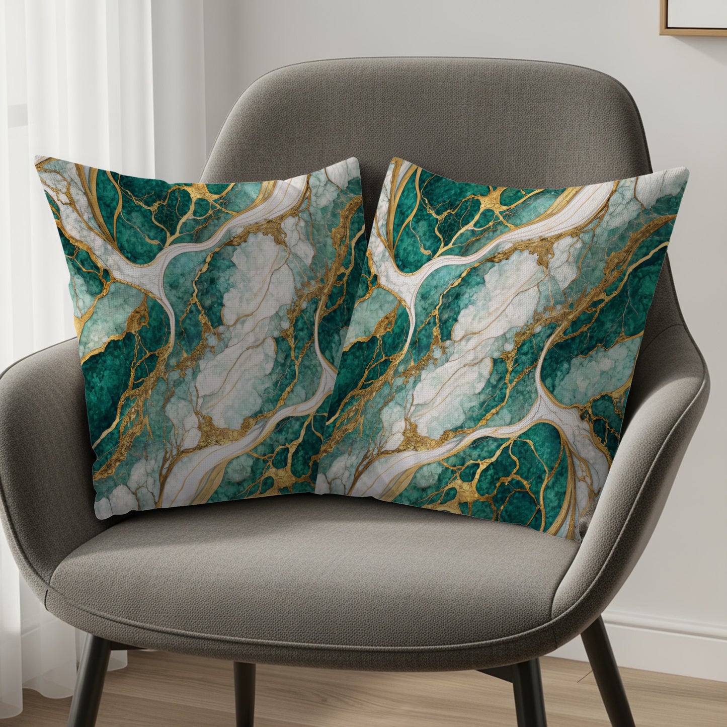 Elegant Teal and Gold Marble Pattern Pillow Product