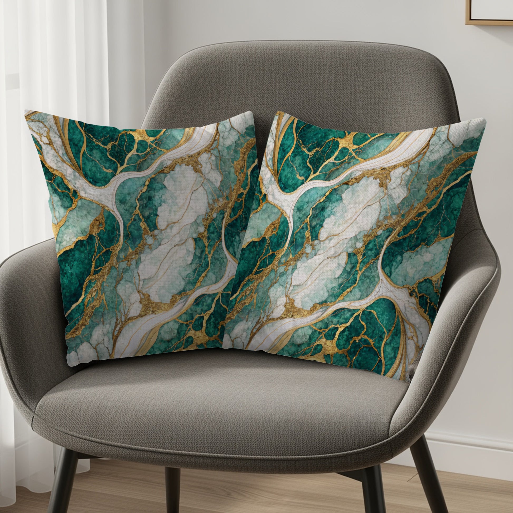Elegant Teal and Gold Marble Pattern Pillow Product