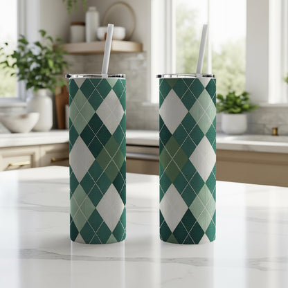 Green Argyle Patterned Tumbler with Straw 20oz Flask