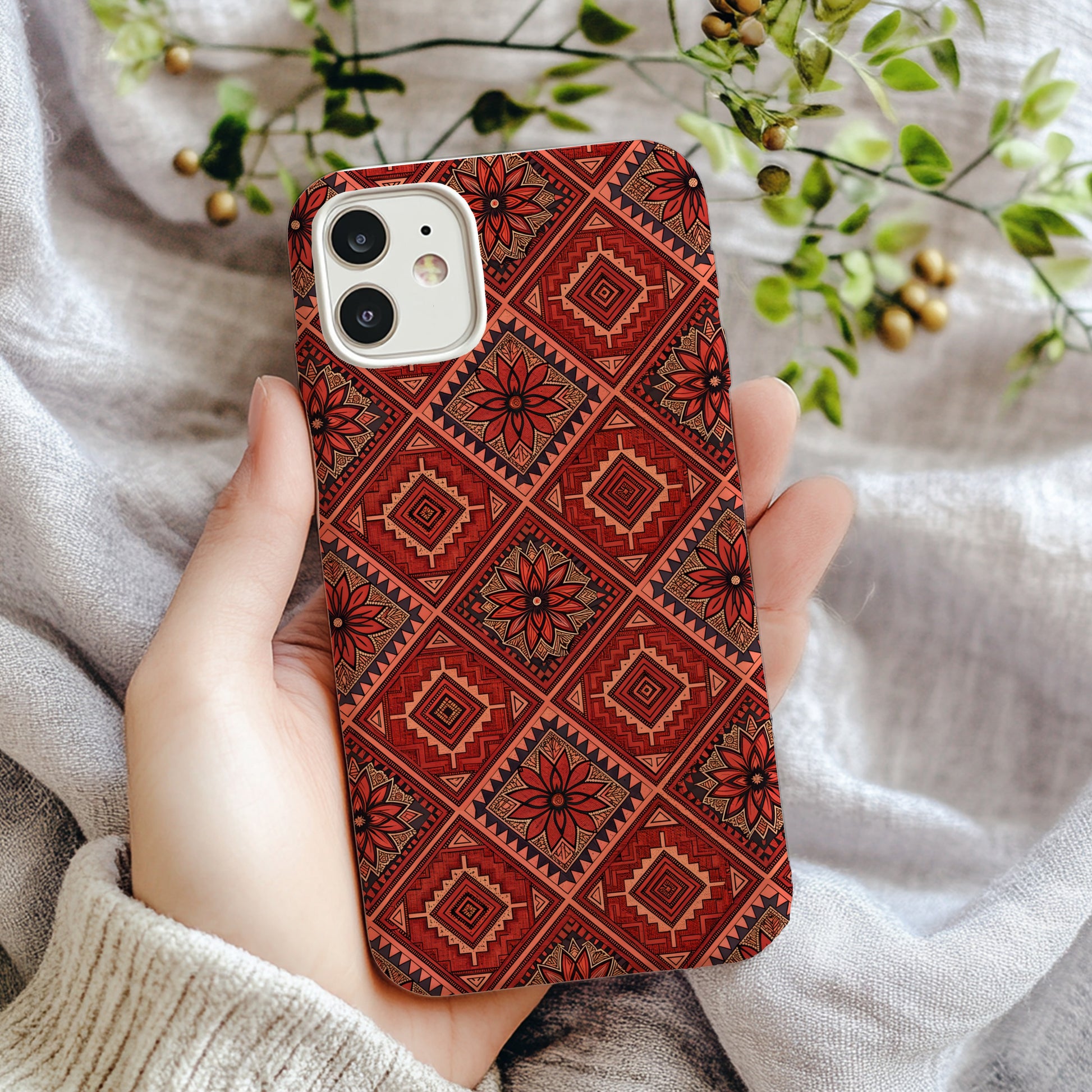 Floral Tiles in Orange Aztec Patterns With Custom Name Custom Phone Case - Walk Greener