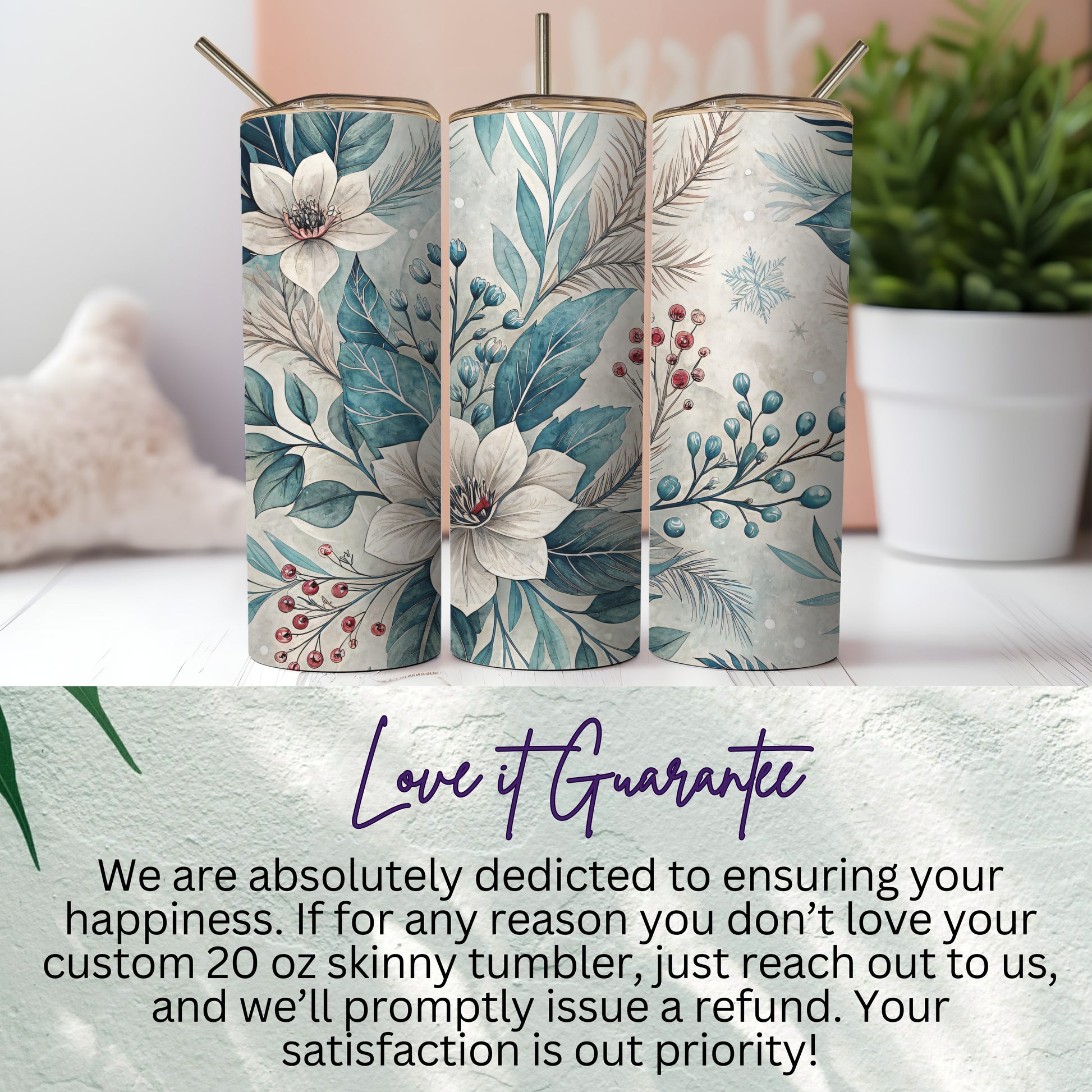 Floral and Berry Design Custom 20 oz Skinny Tumbler