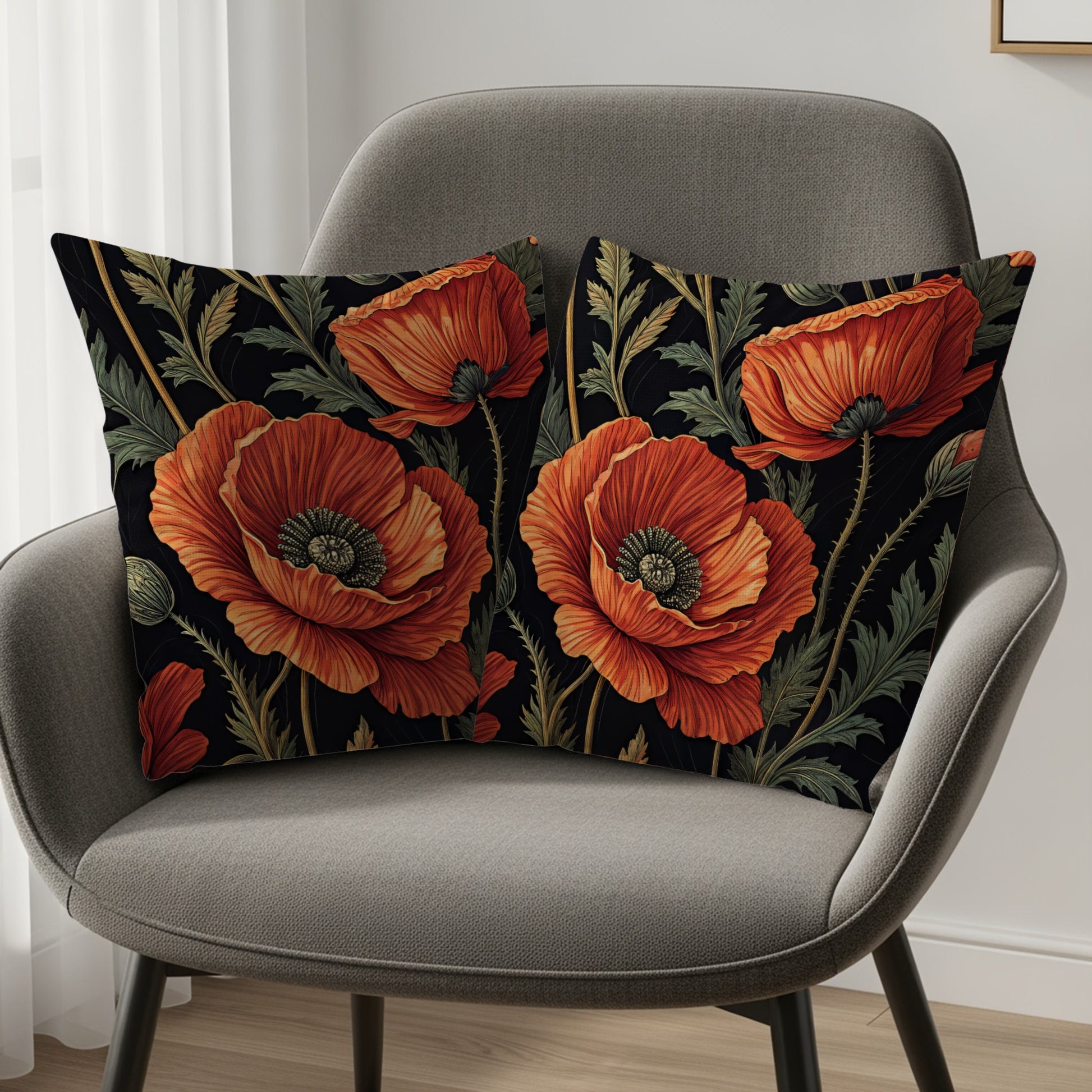 Floral Pattern with Red Poppies on Black Decorative Floral Throw Pillows - Walk Greener