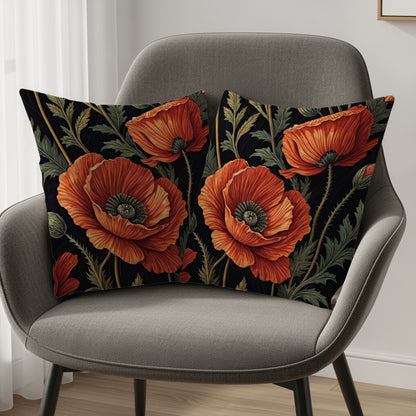 Floral Pattern with Red Poppies on Black Decorative Floral Throw Pillows - Walk Greener