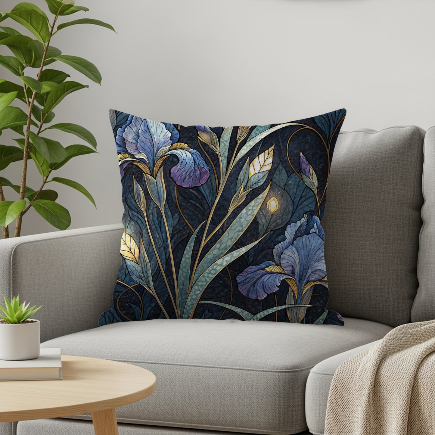 Elegant Iris Floral Pattern in Blue and Gold Throw Pillows - Walk Greener