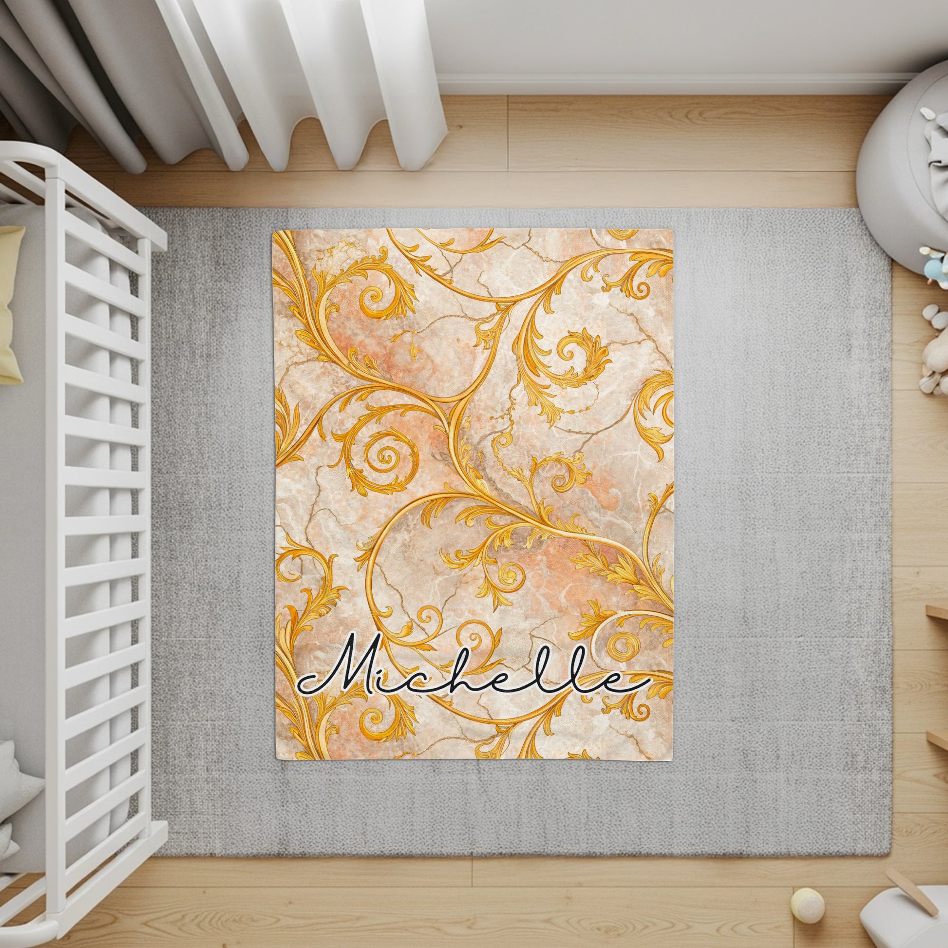 Gold Floral Swirls on Marble Custom Name Blanket - Walk Greener