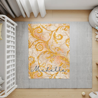 Gold Floral Swirls on Marble Custom Name Blanket - Walk Greener