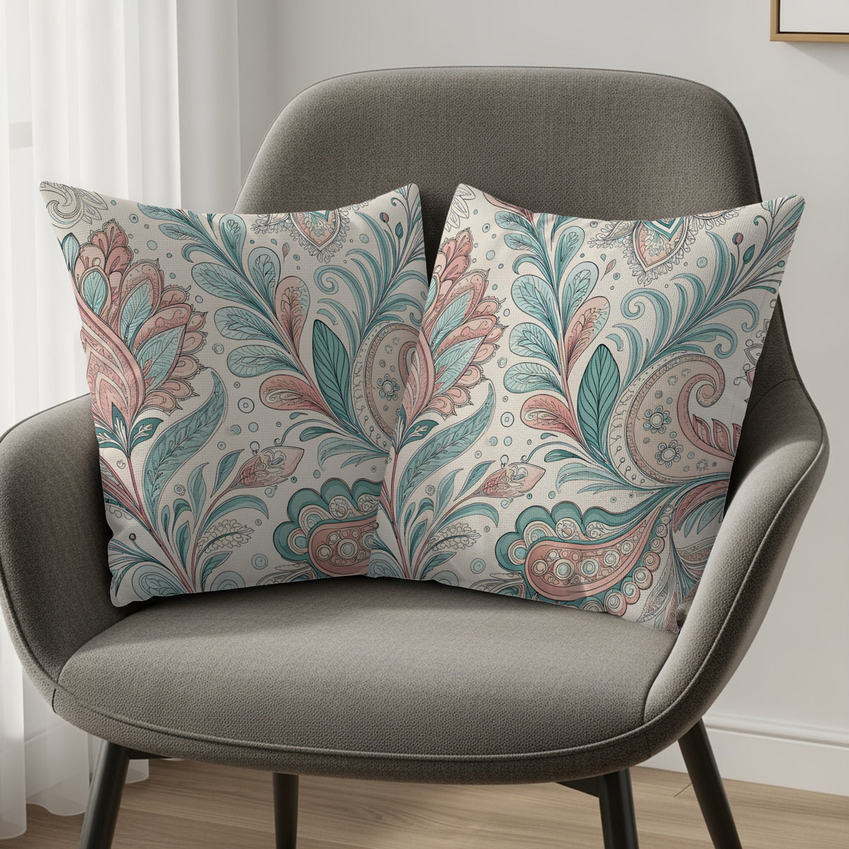 Close-up of the pastel floral paisley print detail showing pink flowers and fern leaves