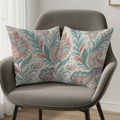 Close-up of the pastel floral paisley print detail showing pink flowers and fern leaves