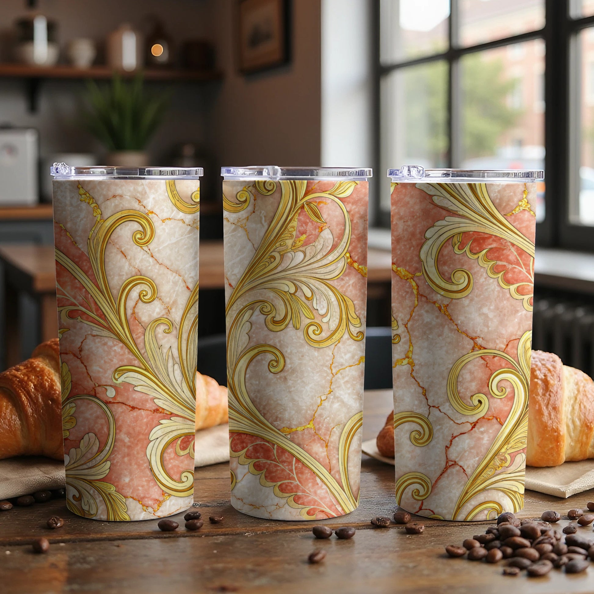 Elegant Marble Pattern Insulated Tumbler with Coffee Design