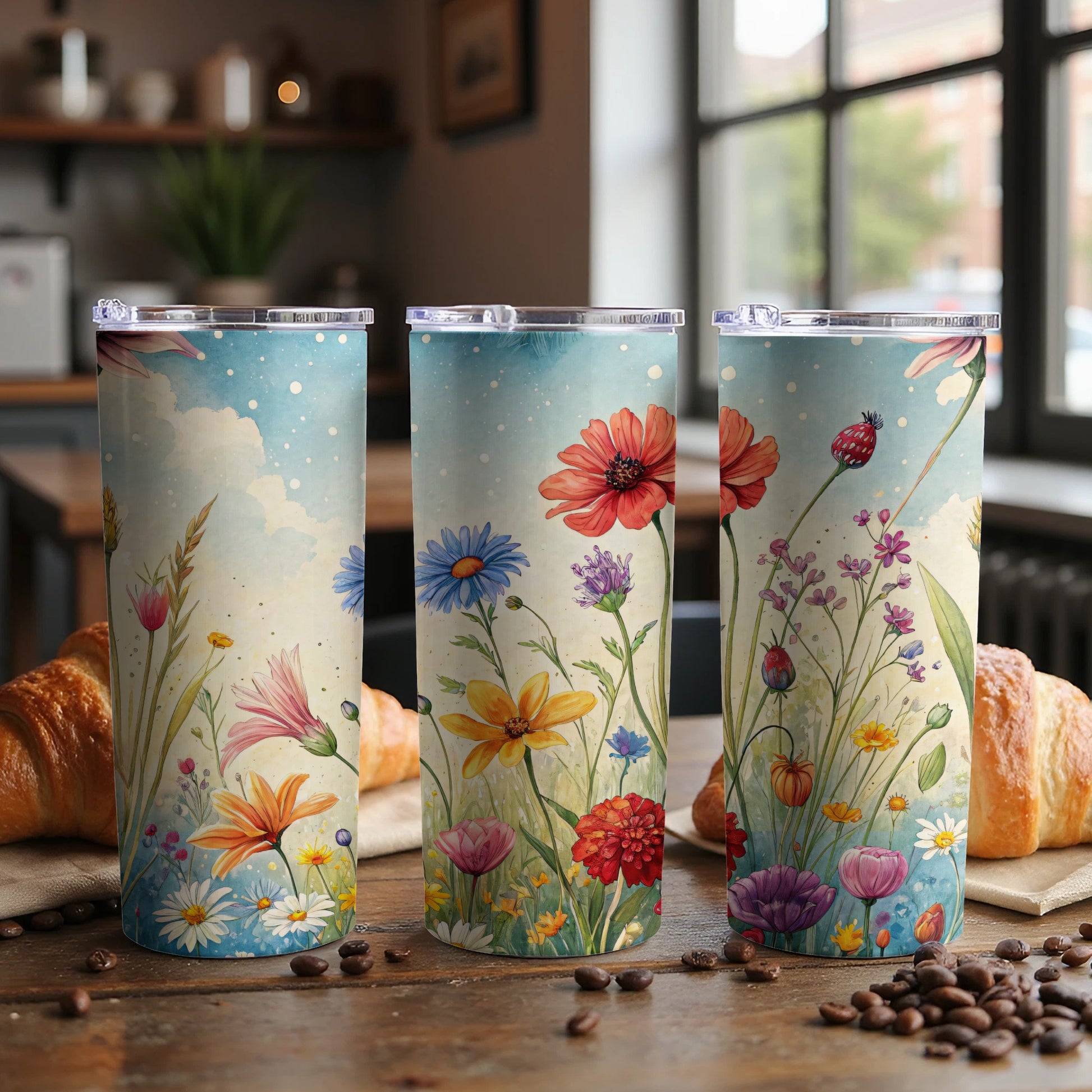 Watercolor Floral Field Design Perfect for 20 oz Skinny Tumbler - Walk Greener