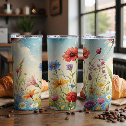 Watercolor Floral Field Design Perfect for 20 oz Skinny Tumbler - Walk Greener