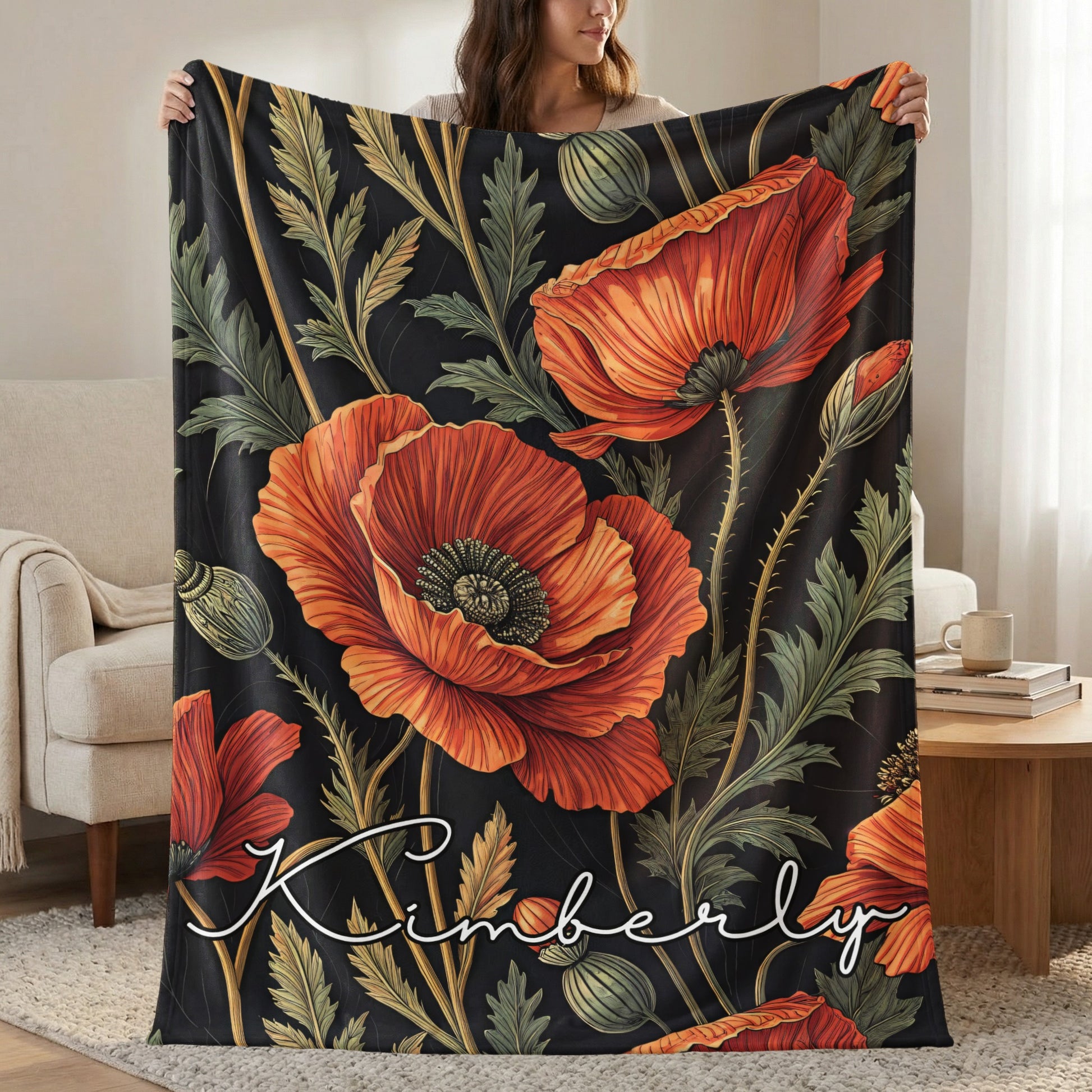 Floral Pattern Red and Green with Custom Name Blanket - Walk Greener