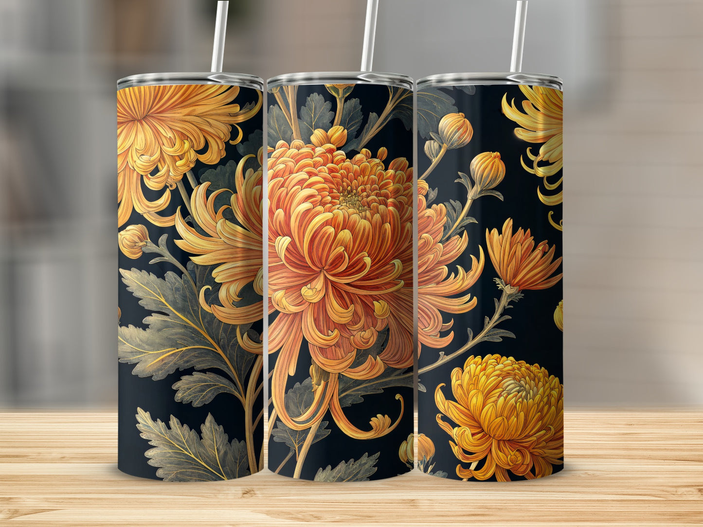Golden Chrysanthemums Floral Design on Black Background Tumblers - Walk Greener