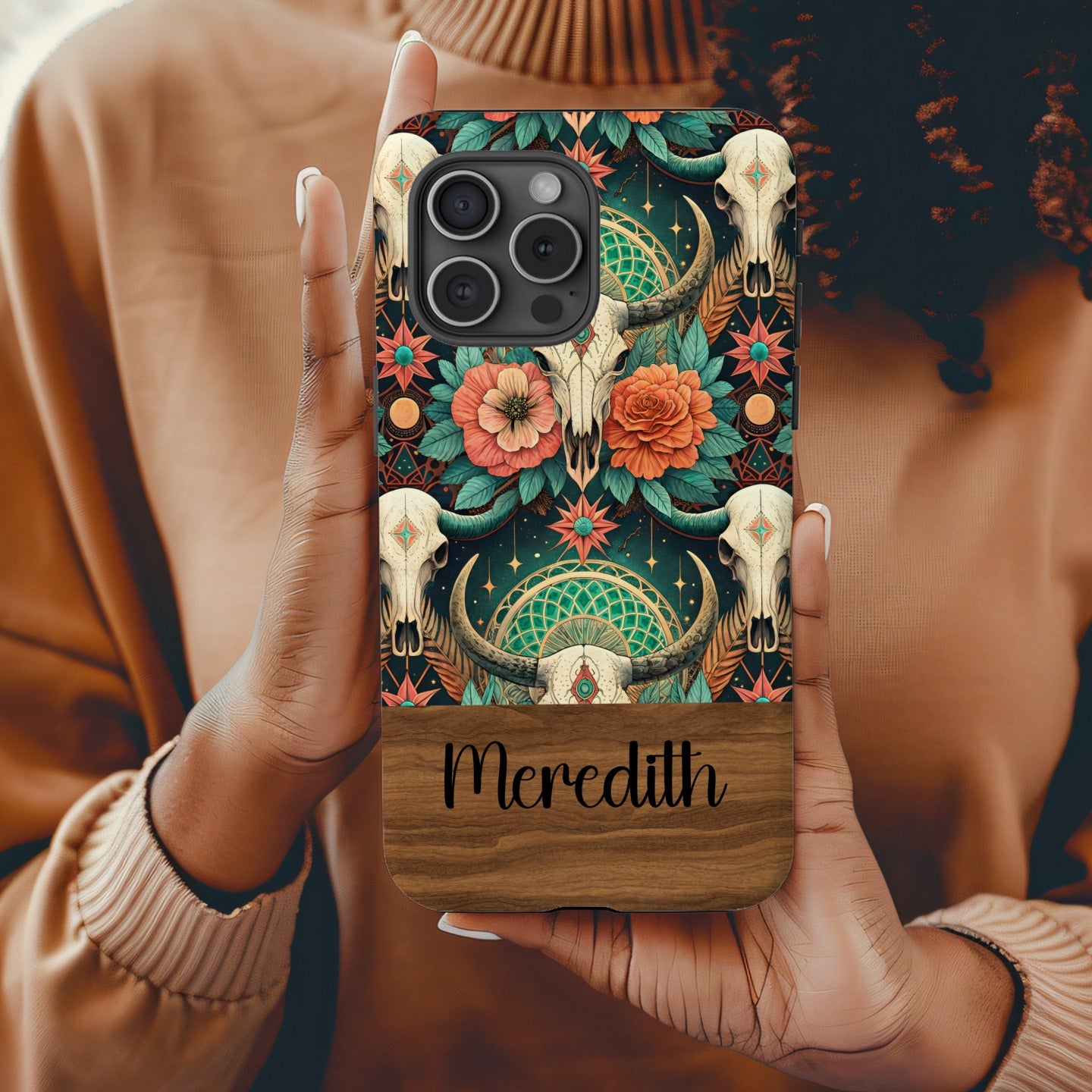 Boho Skull Floral Pattern With Custom Name Initial Phone Case - Walk Greener