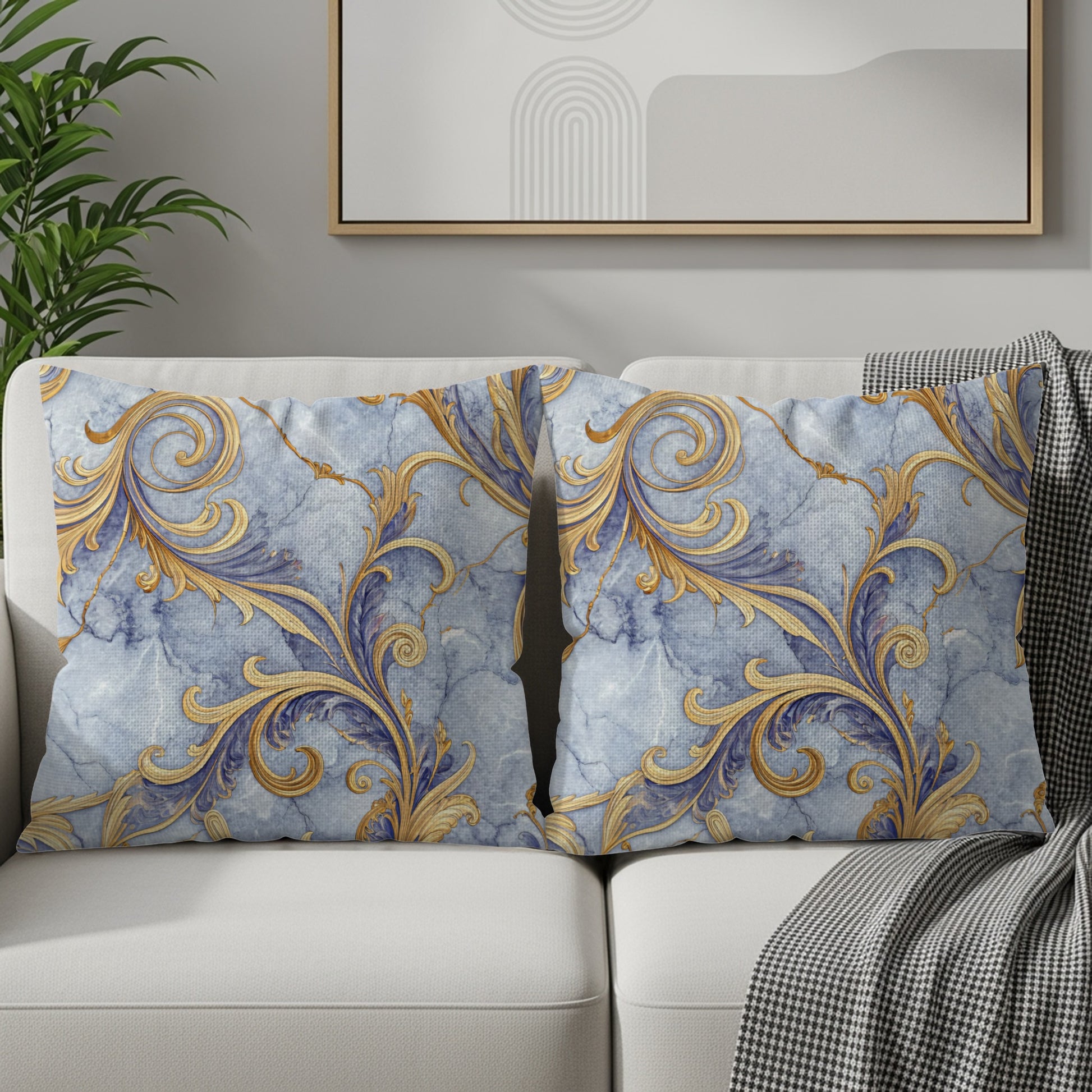 Ornate Gold Floral on Blue Marble Decorative Floral Throw Pillows - Walk Greener