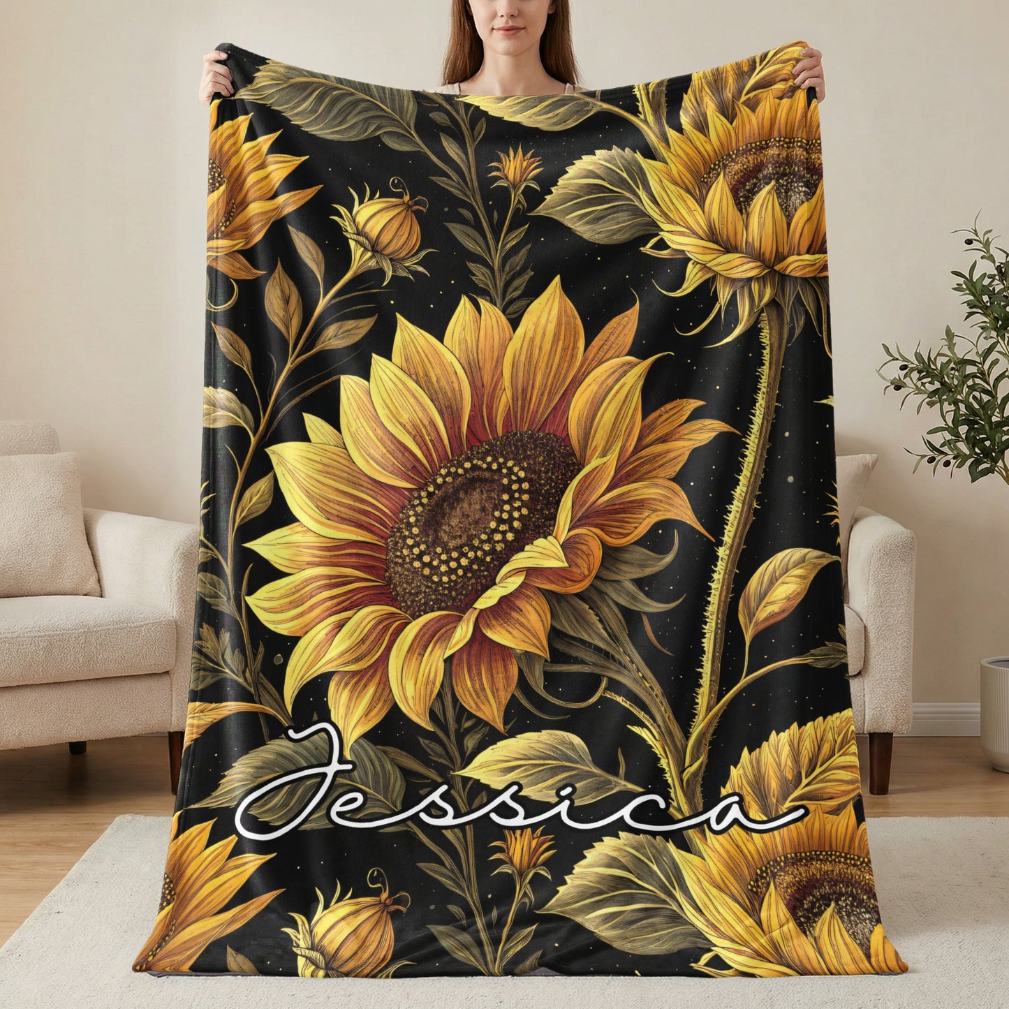Sunflower Delight with Custom Name Unique Blankets - Walk Greener