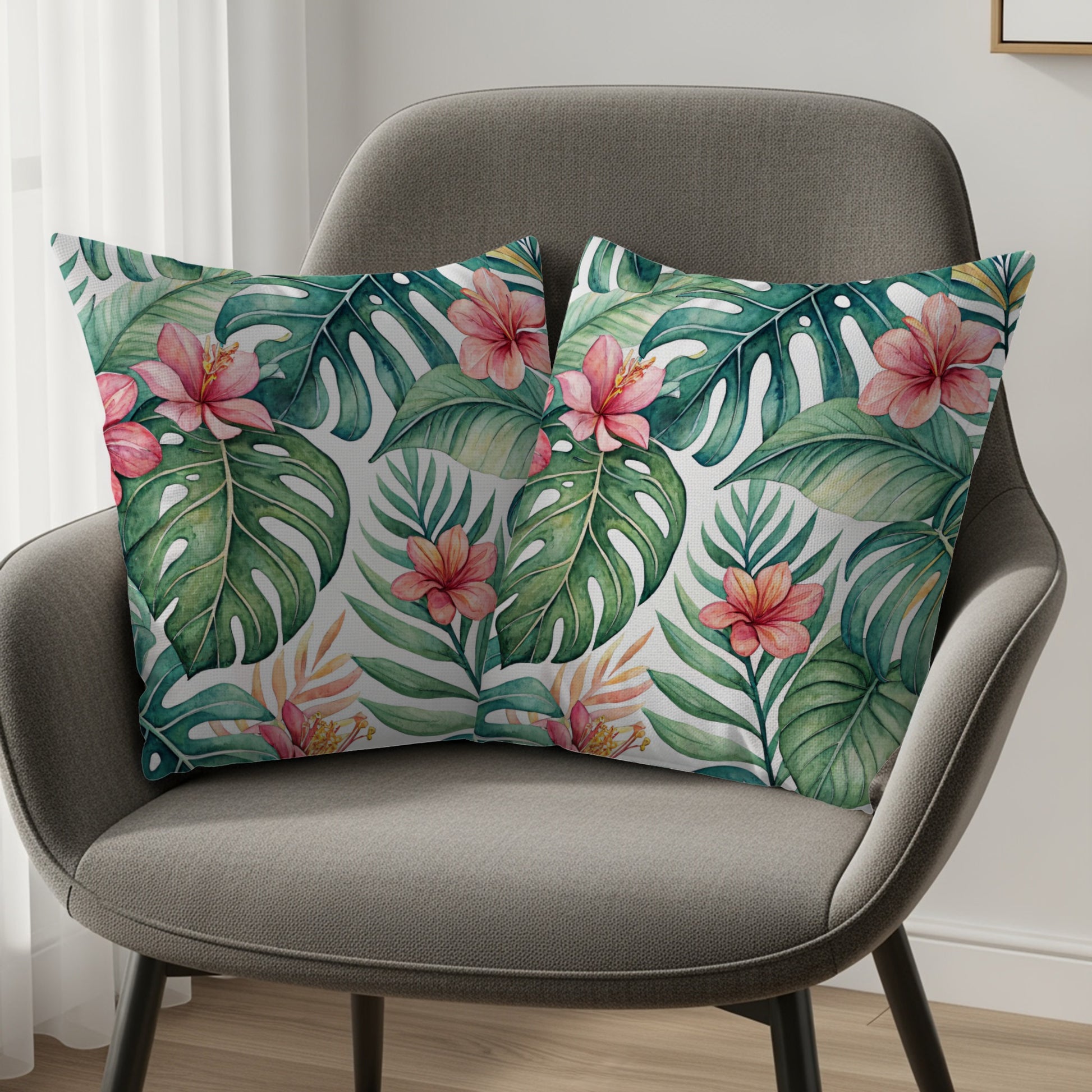 Tropical Paradise Green Leaves with Pink Flowers Pillows & Pillow Cases - Walk Greener