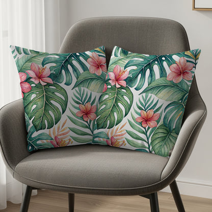 Tropical Paradise Green Leaves with Pink Flowers Pillows & Pillow Cases - Walk Greener