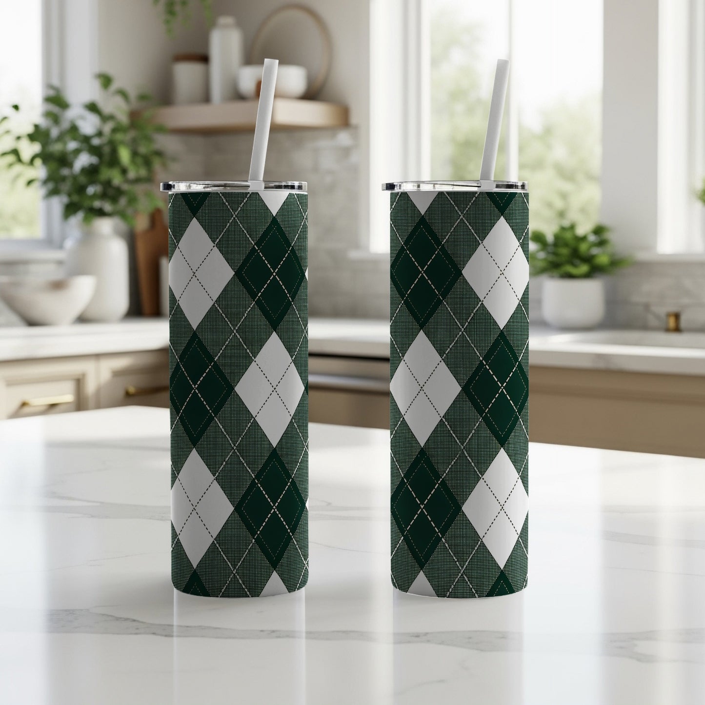 Green and White Argyle Patterned Tumbler Product