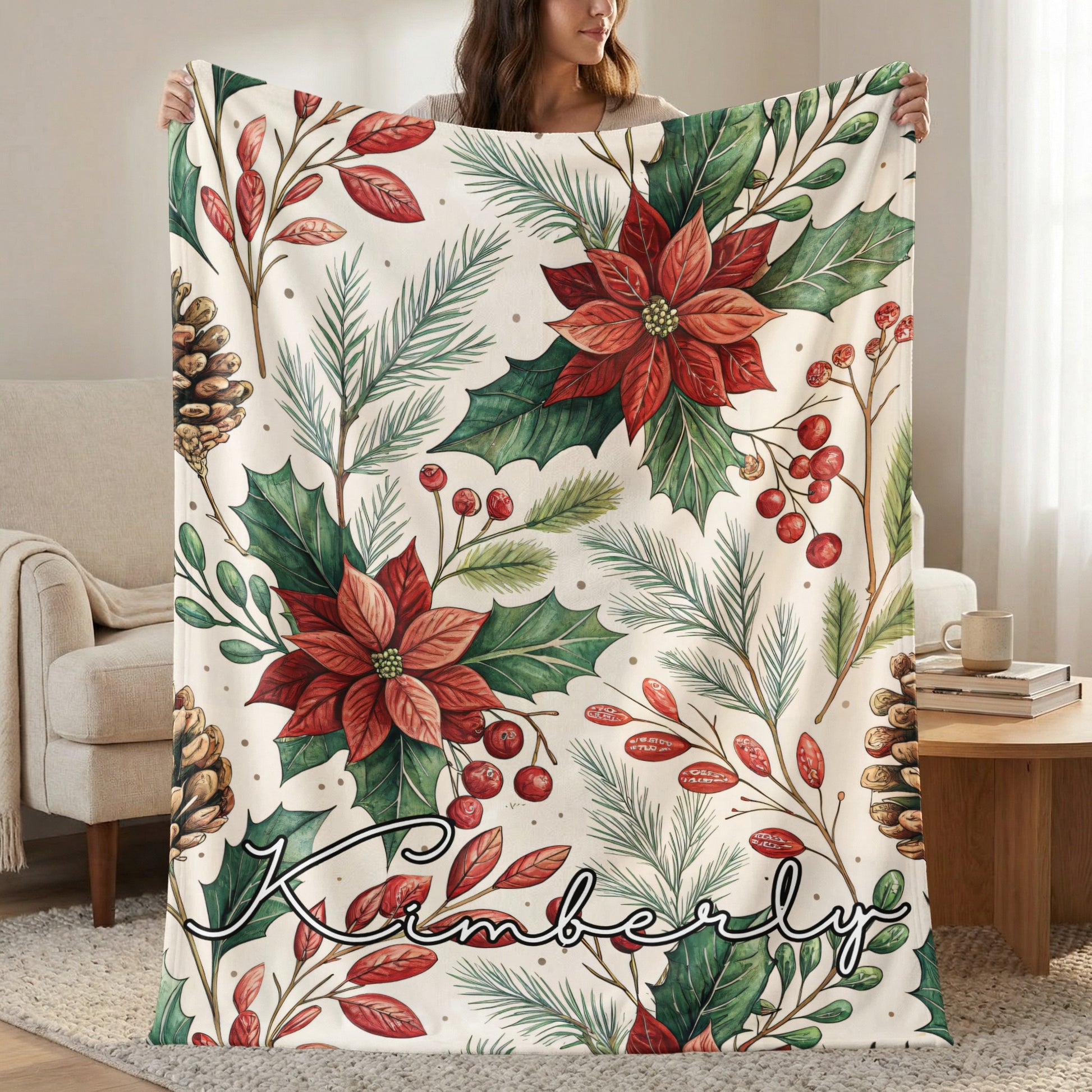 Personalized Christmas Floral Blanket with Name Kimberly