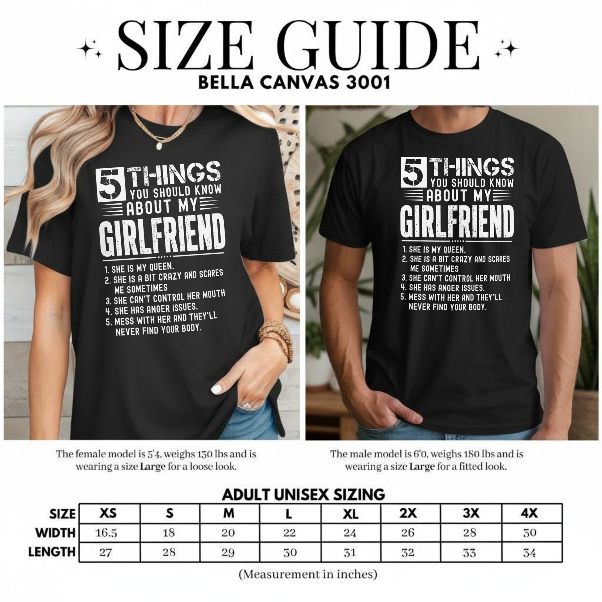 "5 Things You Should Know About My Girlfriend" t-shirt design with sizing chart.