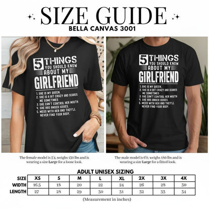 "5 Things You Should Know About My Girlfriend" t-shirt design with sizing chart.