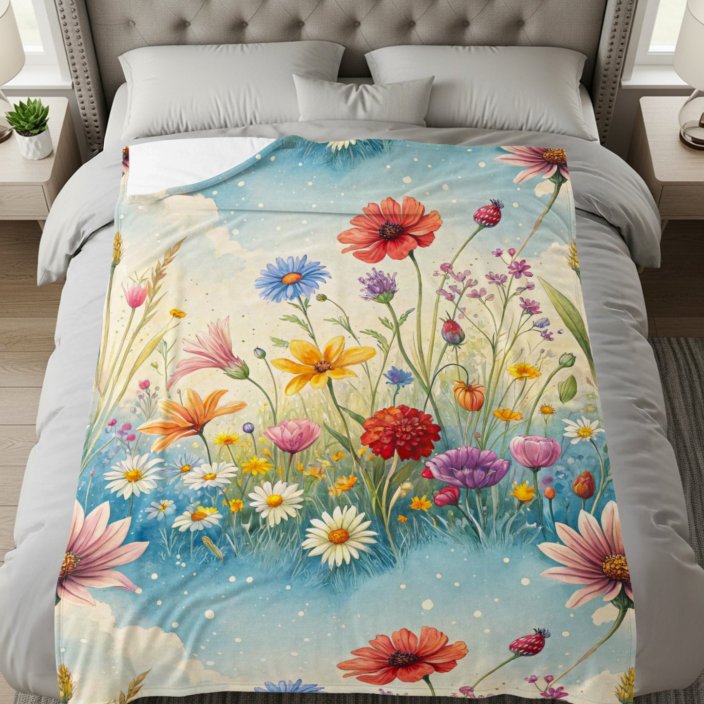 Watercolor Meadow in Sky With Flowers Velveteen Plush Blankets - Walk Greener