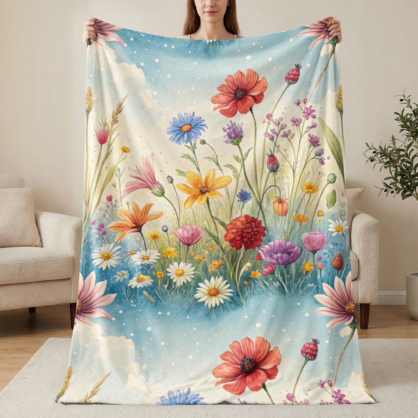 Watercolor Meadow in Sky With Flowers Velveteen Plush Blankets - Walk Greener