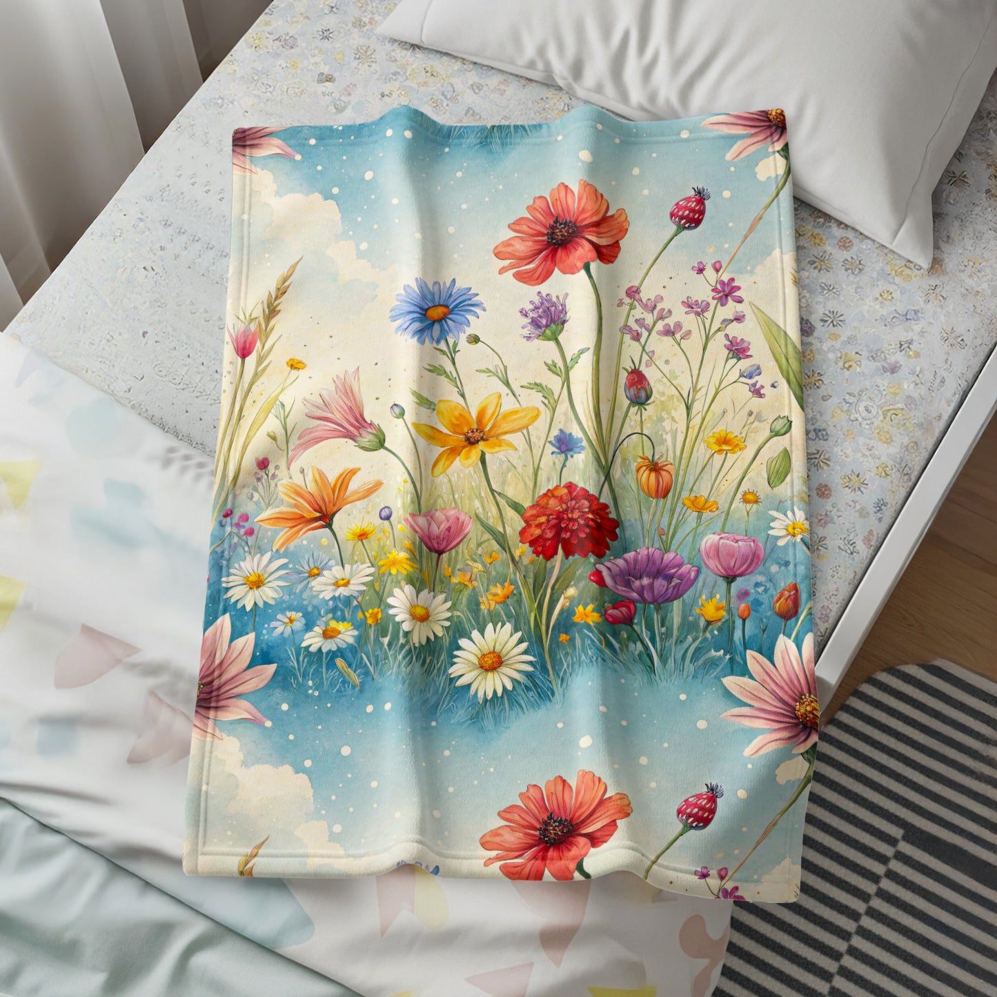 Watercolor Meadow in Sky With Flowers Velveteen Plush Blankets - Walk Greener