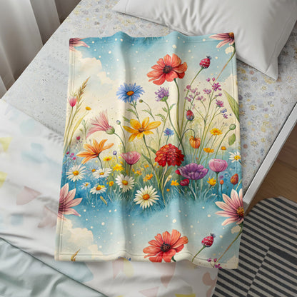 Watercolor Meadow in Sky With Flowers Velveteen Plush Blankets - Walk Greener