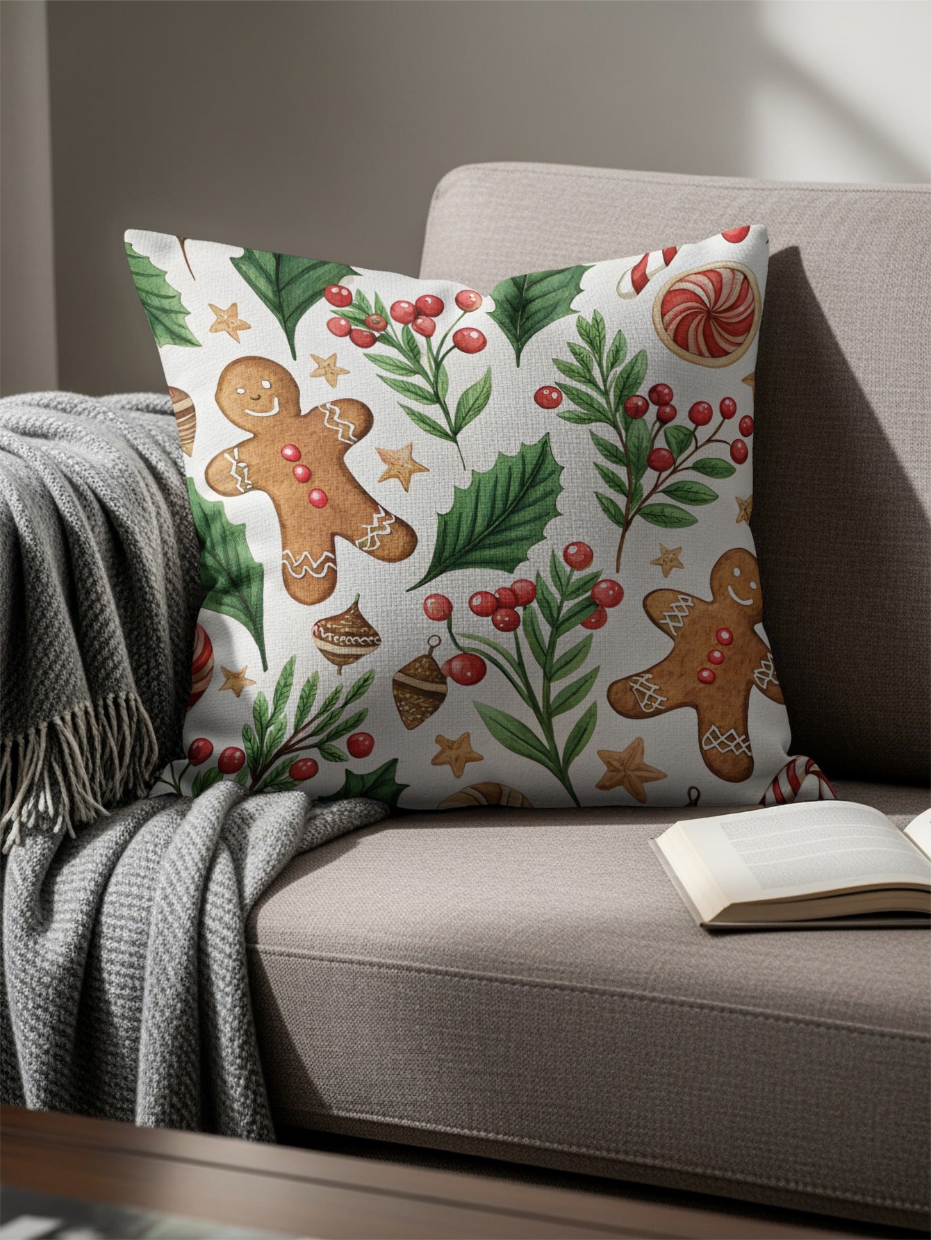 Festive Gingerbread and Holly Decorative Throw Pillow