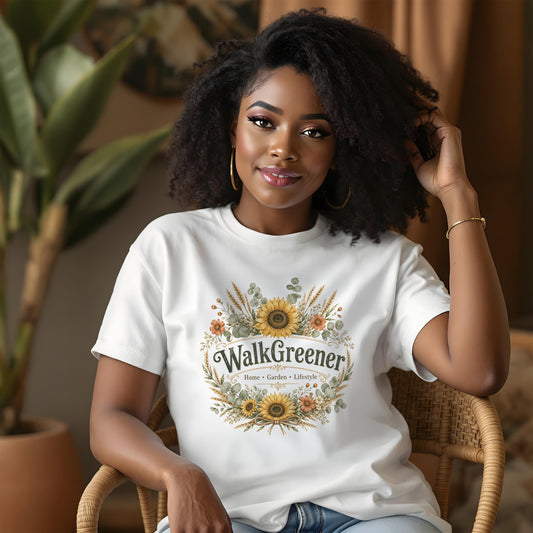 White t-shirt with "WalkGreener Home Garden Lifestyle" text and floral design.
