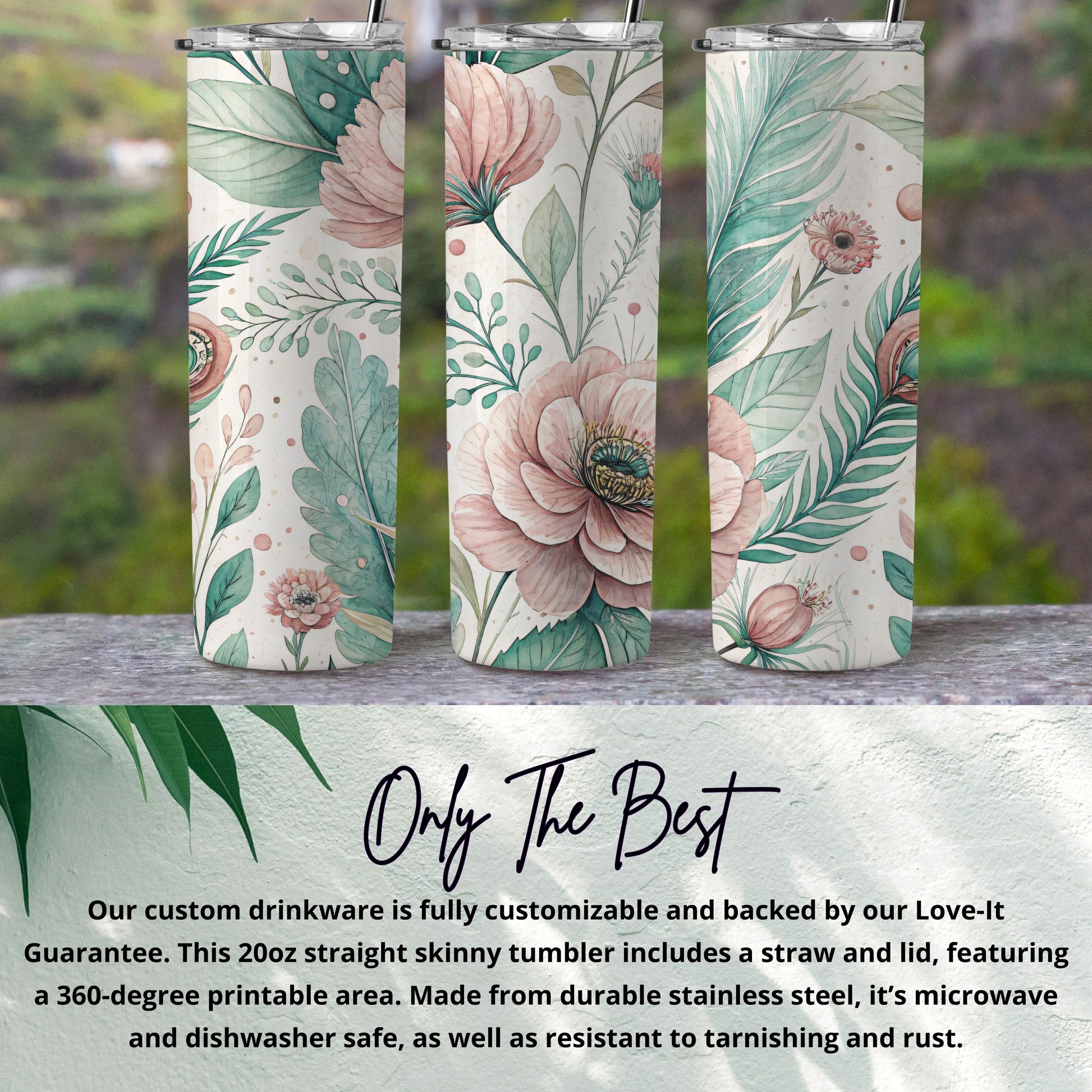 Elegant Pink Flowers with Leaves Floral Design 20 oz Skinny Tumbler - Walk Greener
