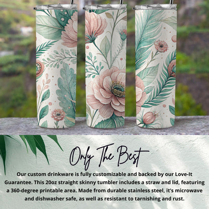 Elegant Pink Flowers with Leaves Floral Design 20 oz Skinny Tumbler - Walk Greener