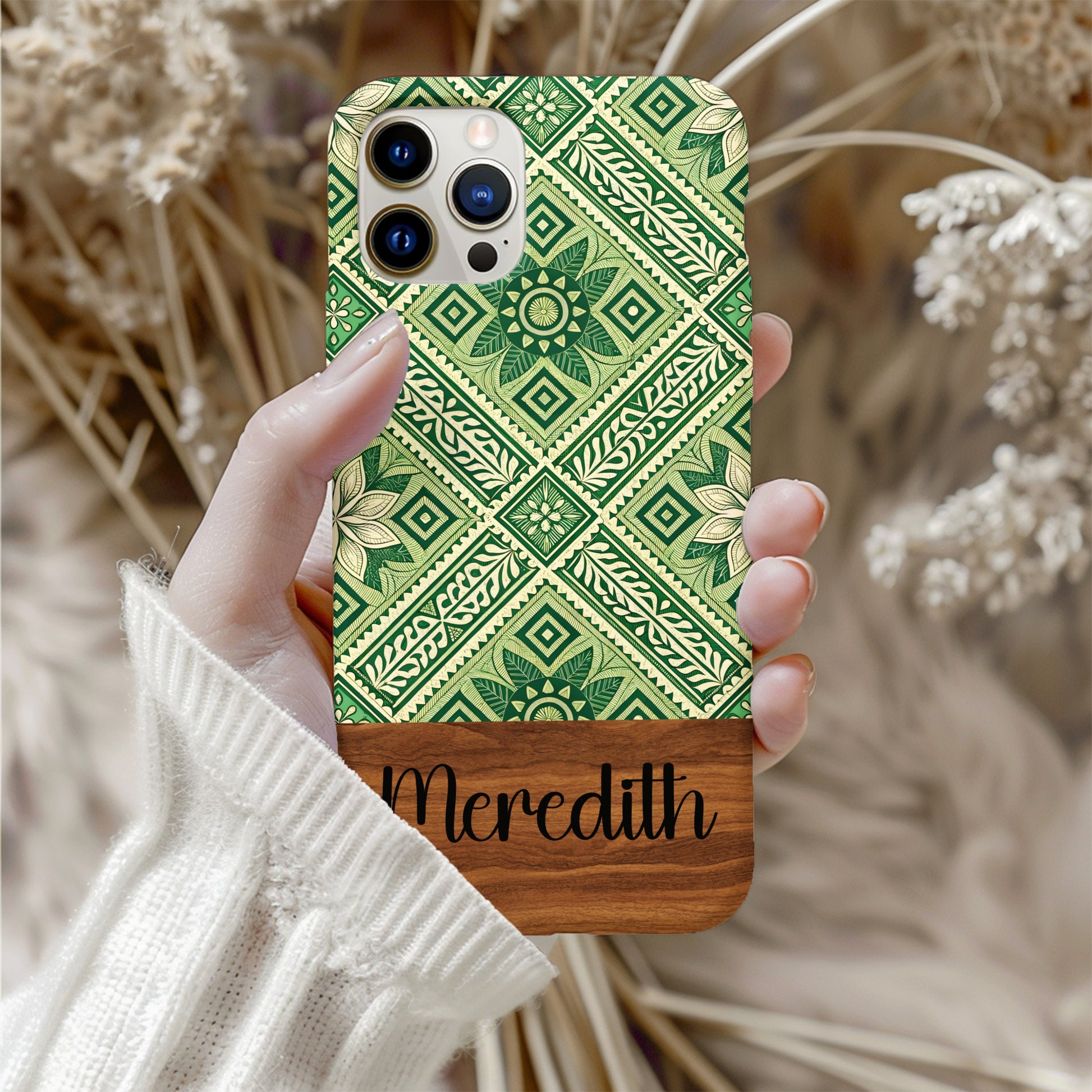 Custom Green Patterned Phone Case with Meredith Name