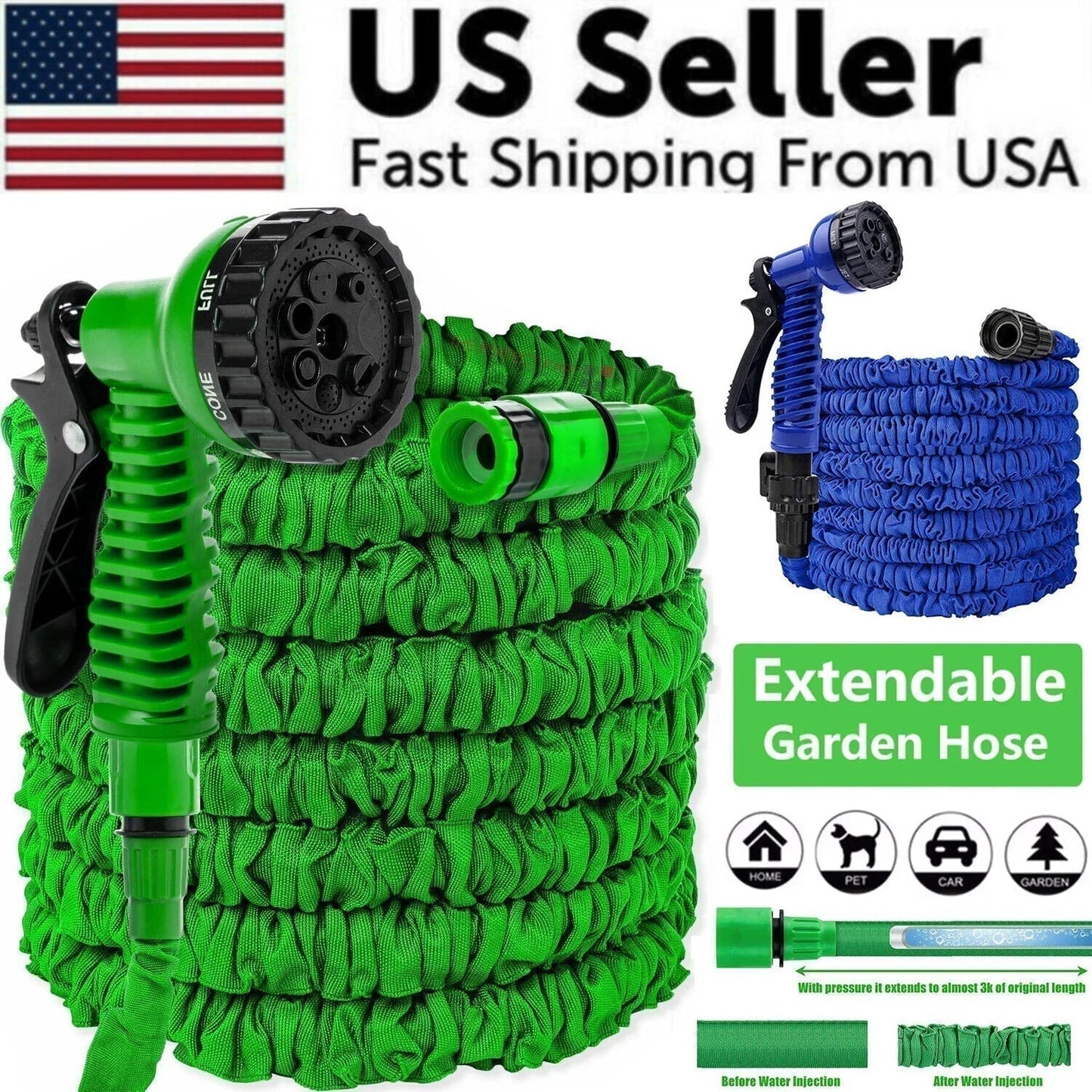 Expandable Garden Hose with 8-Function Spray Nozzle – 25FT, 50FT, 75FT, 100FT