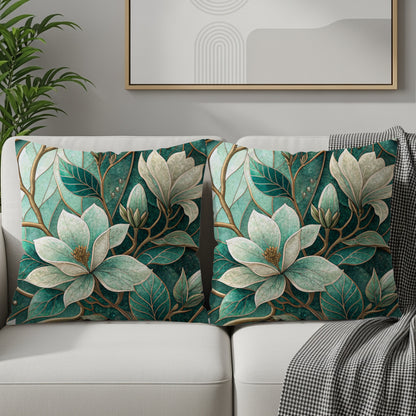 Emerald Magnolia Blossom and Vines Pattern Design Throw Pillows - Walk Greener