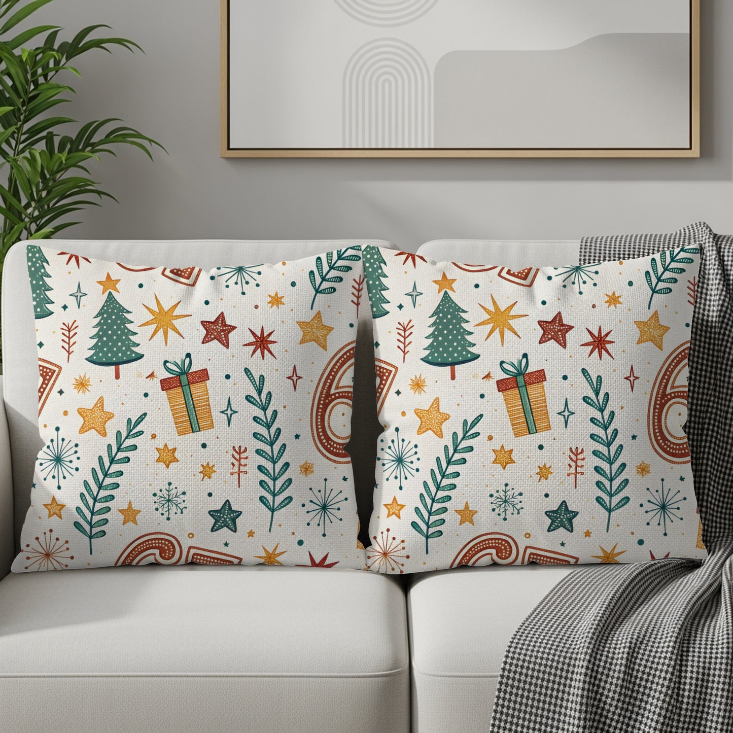 Festive Christmas Themed Throw Pillow with Gift and Tree Icons