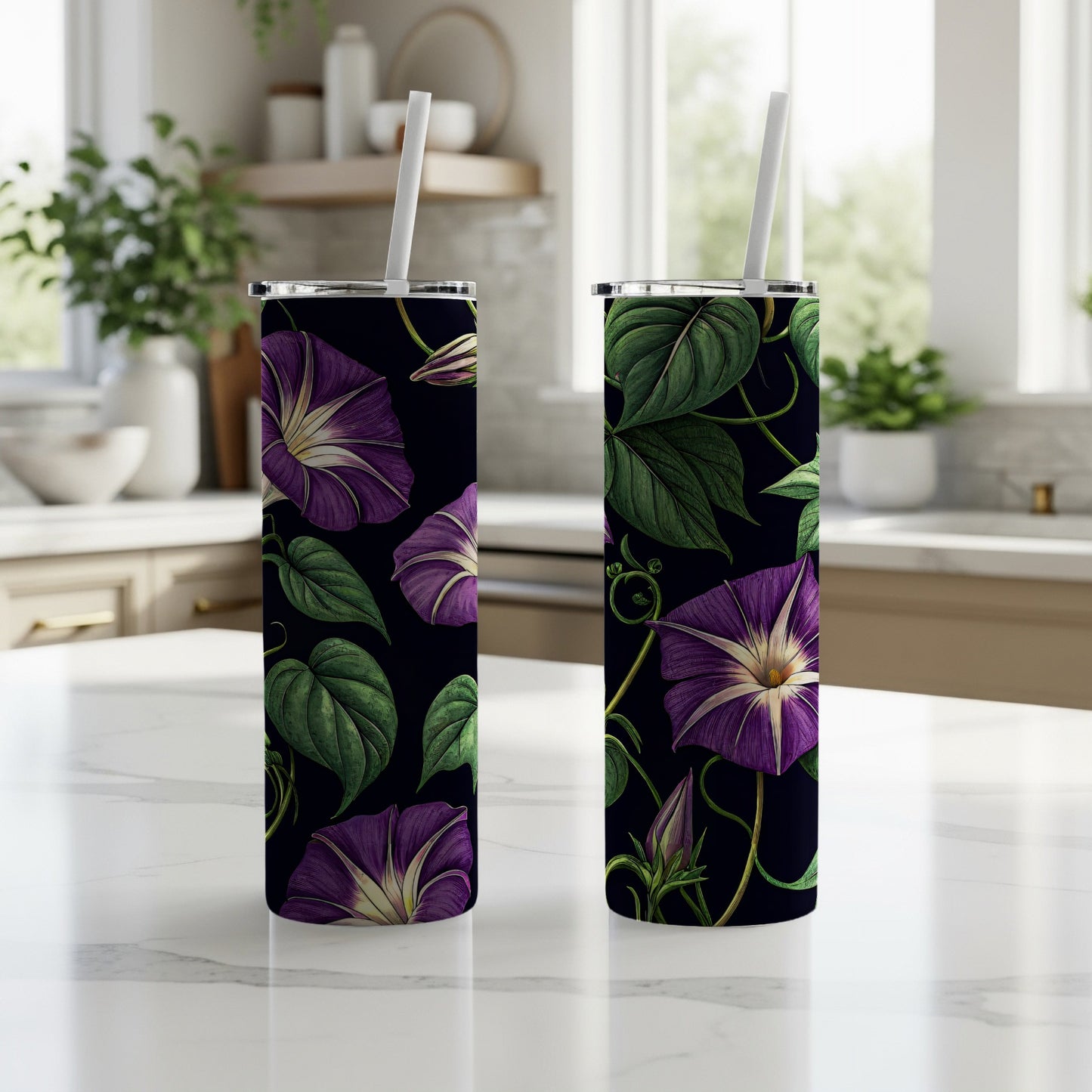 Morning Glory Floral Pattern On A Dark Background Tumblers - Walk Greener