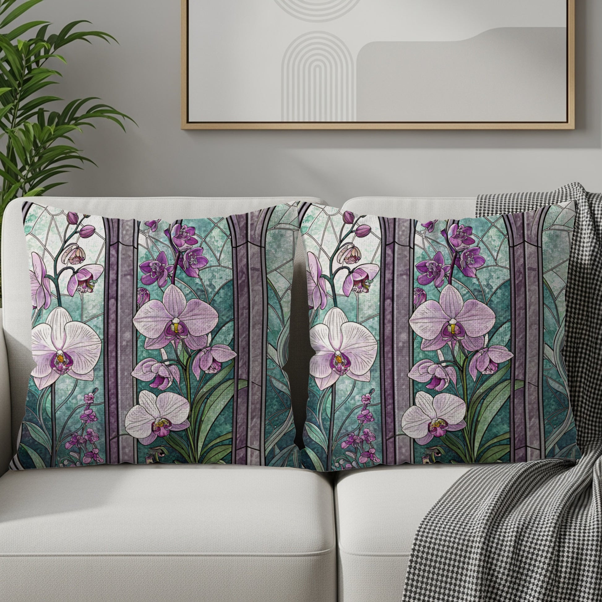 Elegant Stained Glass with Orchids Floral Motif Throw Pillows - Walk Greener
