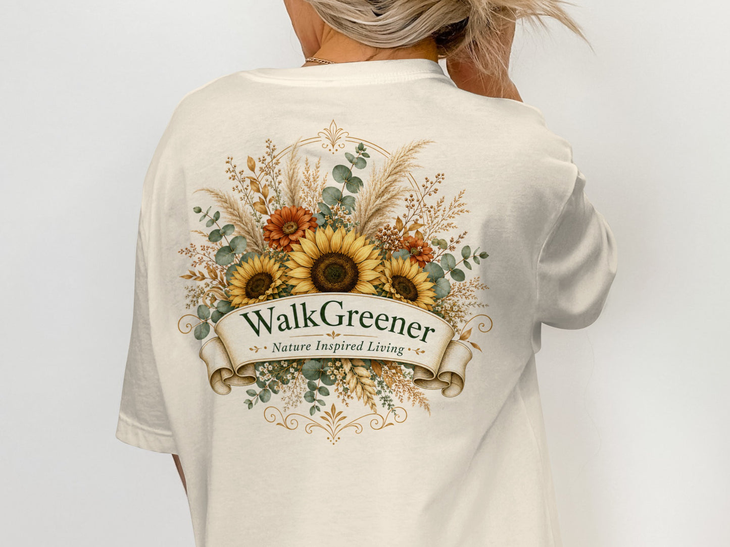 Cream t-shirt with WalkGreener Nature Inspired Living floral logo on back.