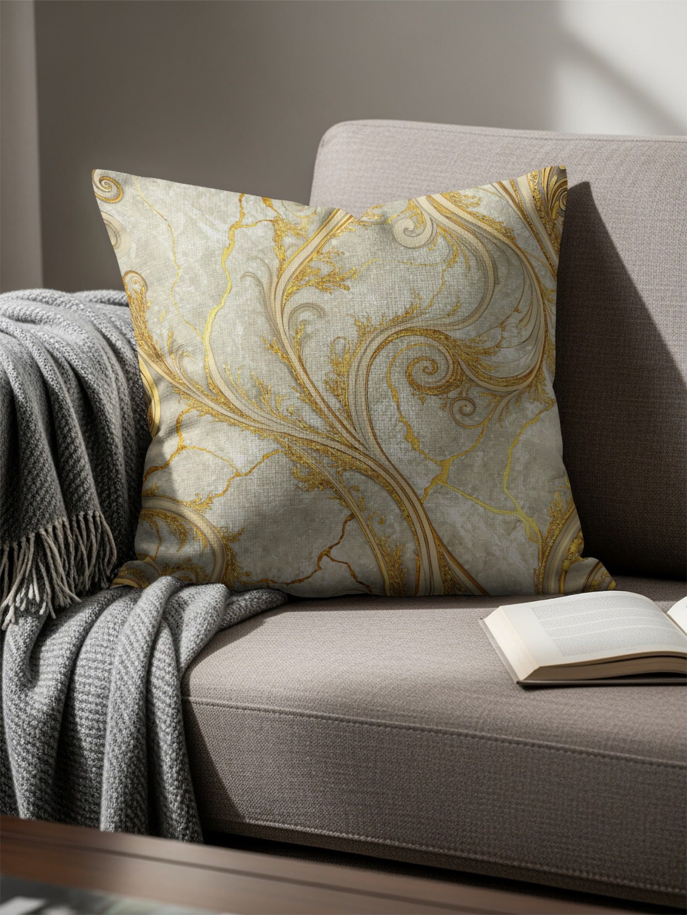 Elegant Gold and Cream Swirl Design Throw Pillow